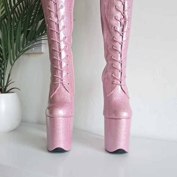 Hella Heels NWOB 8" Glitterati Sugarbaby Pink Thigh High Boots Front Lace Pole - Picture 3 of 13